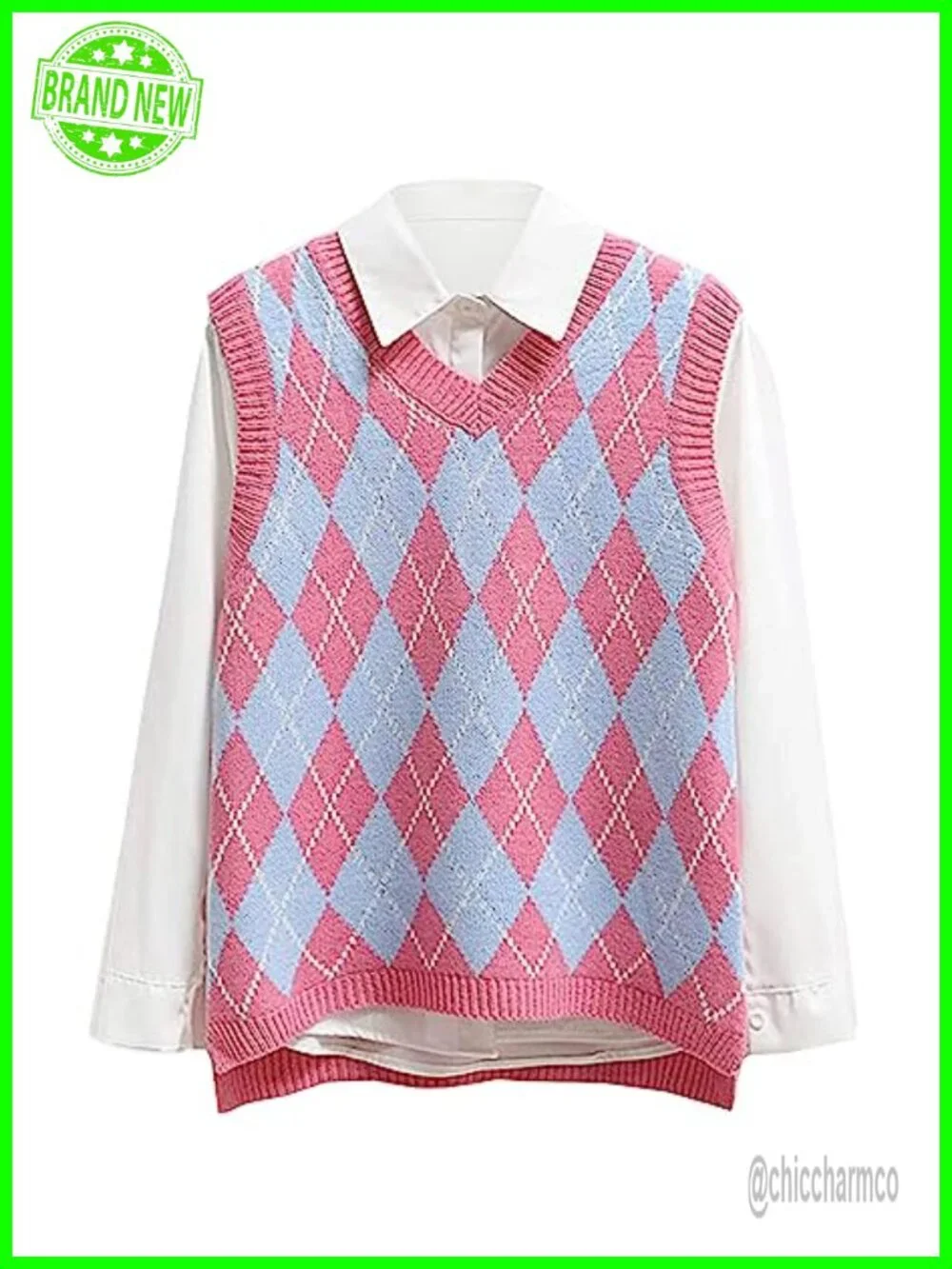 Womens V Neck Knit Sweater Vest Argyle Plaid Preppy Sleeveless Crop Tank